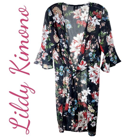 LILDY DARK FLORAL OPEN TIE FRONT KIMONO DUSTER SEMI-SHEER FLUTTER SLEEVE, MEDIUM - Picture 9 of 9